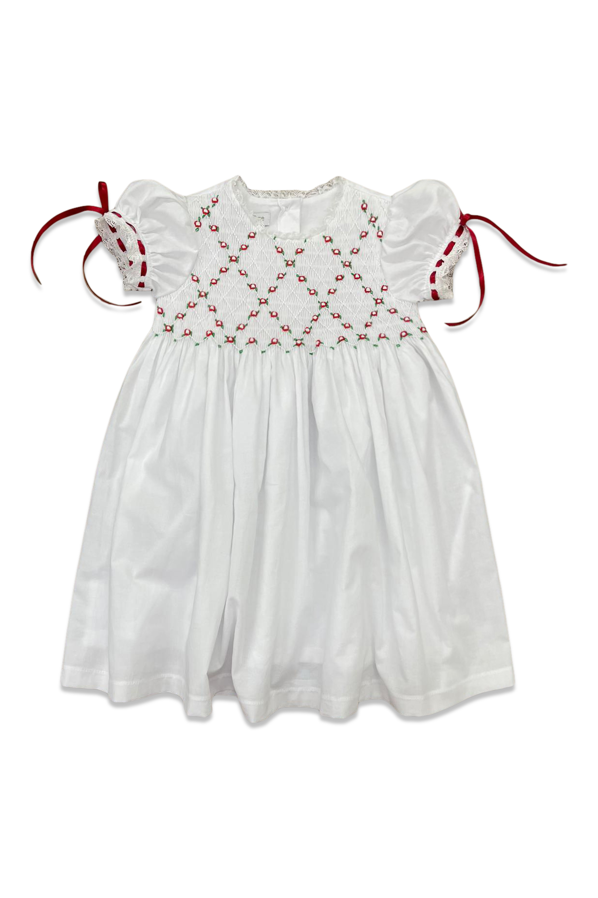 Heirloom Smocked Dress White Batiste with Red and Green