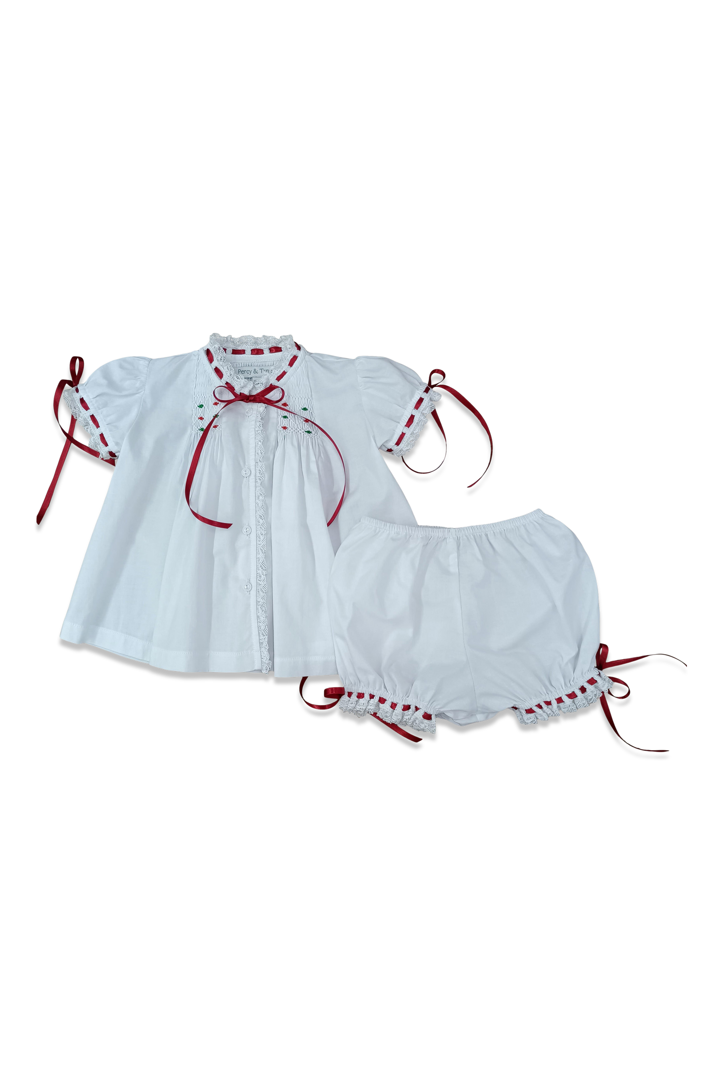 Heirloom Smocked Bloomer Set White Batiste with Red and Green