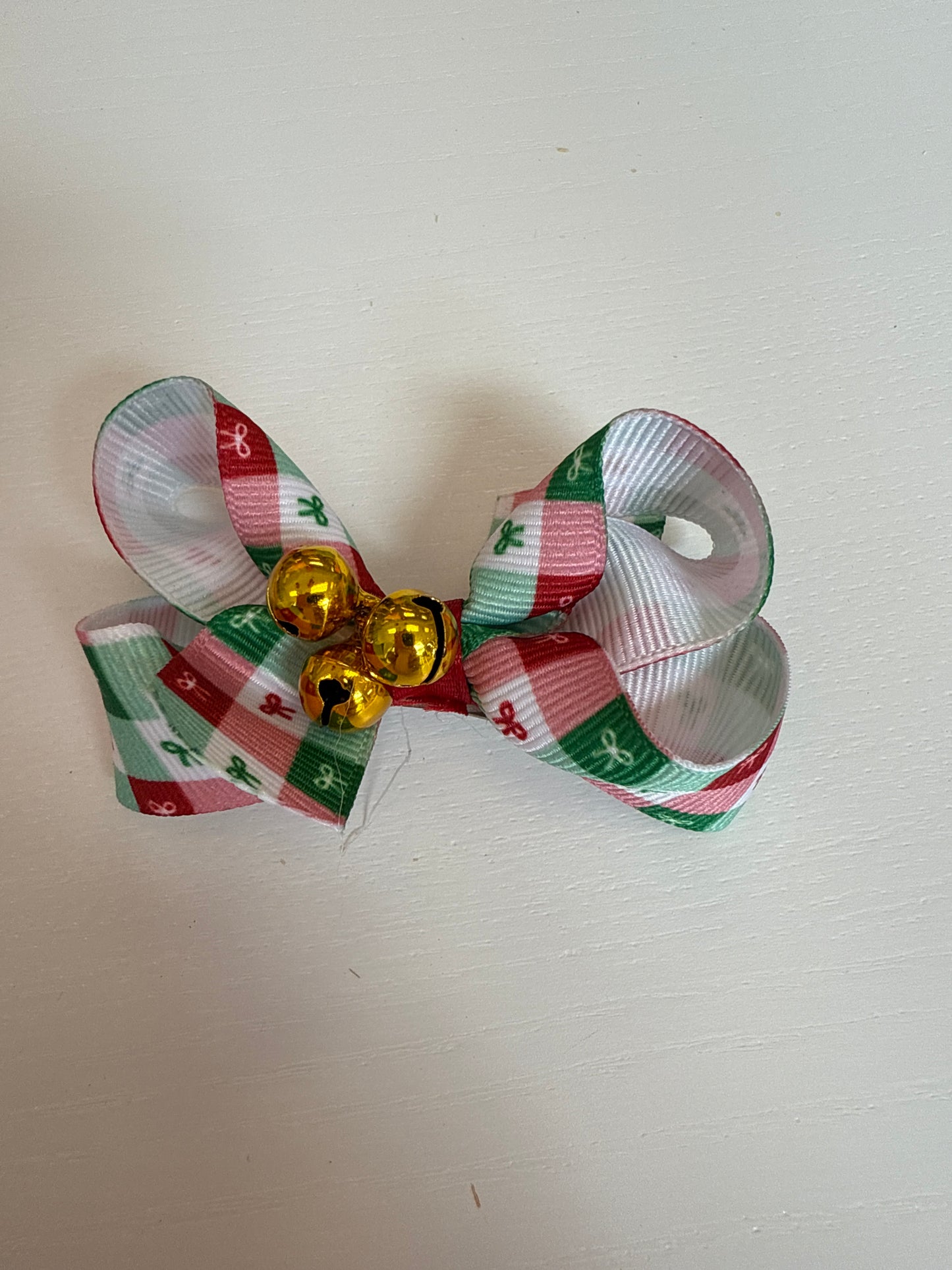 Christmas Print Mini Bow W/ Bells