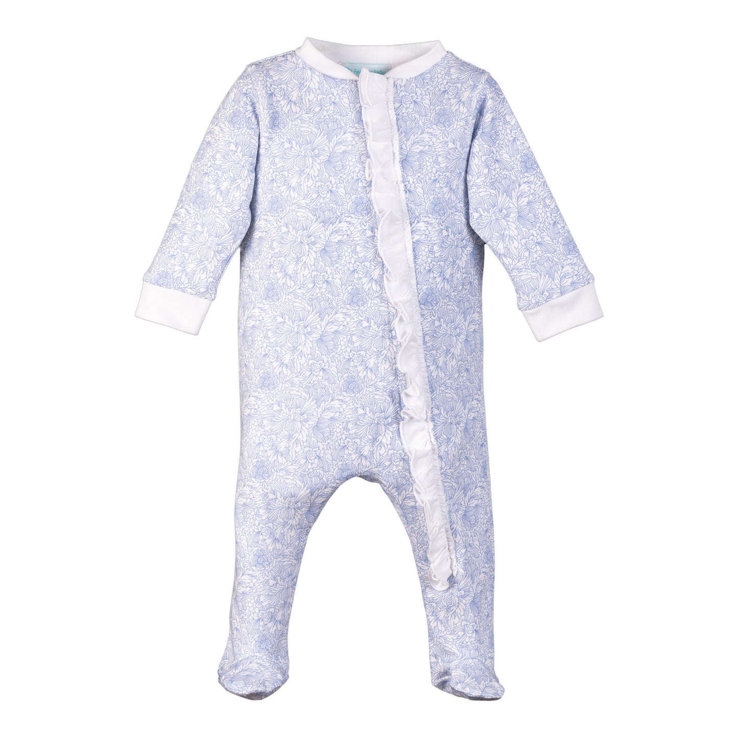 Sylvia Blue on White Zipper Footie with Ruffle