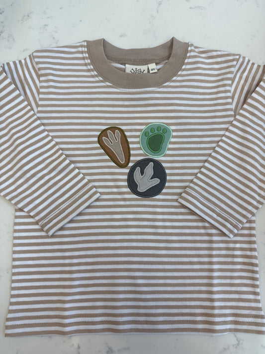 Khaki Stripe Dino Foot Prints LS T-Shirt