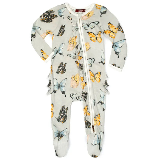 Butterfly Bamboo Zipper Footie with Ruffle