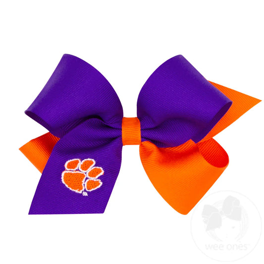 2Tone Collegiant Embroidered Grosgrain Hair Bow- Clemson