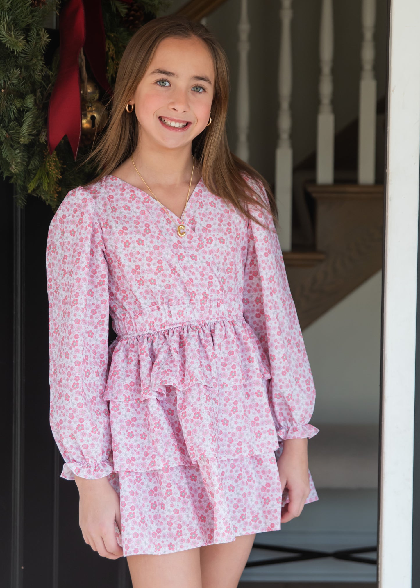 Long Sleeve Tiered Dress Pink Floral-PREORDER
