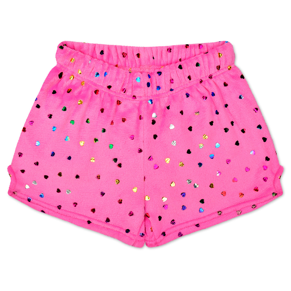 Bright Pink Foil Heart Plush Shorts