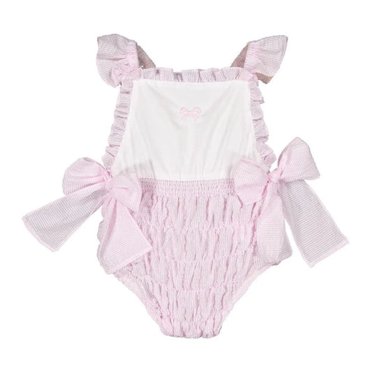 Pink Seersucker Cotton Frilled Swimsuit