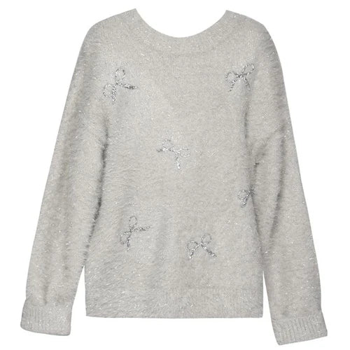 Fuzzy Metallic Sweater W/ Sequin Bows