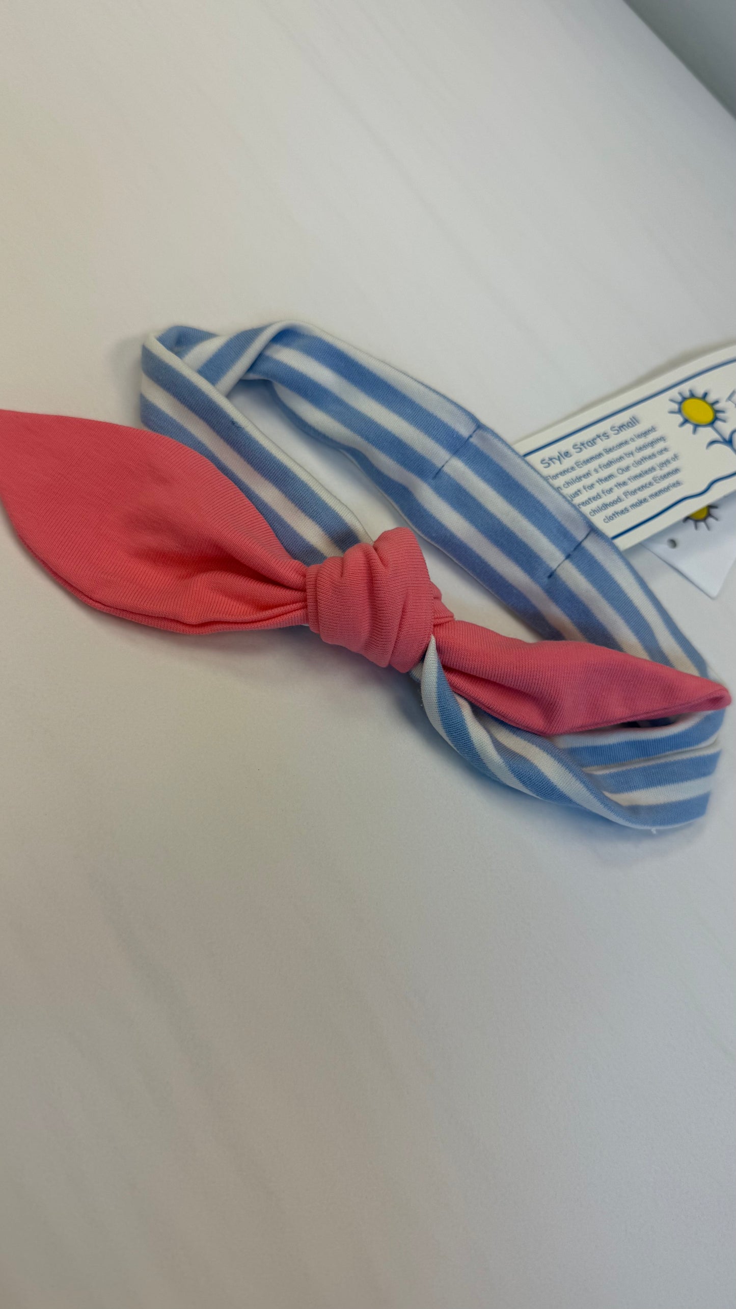 Blue Stripe Knit Headband Pink Bow