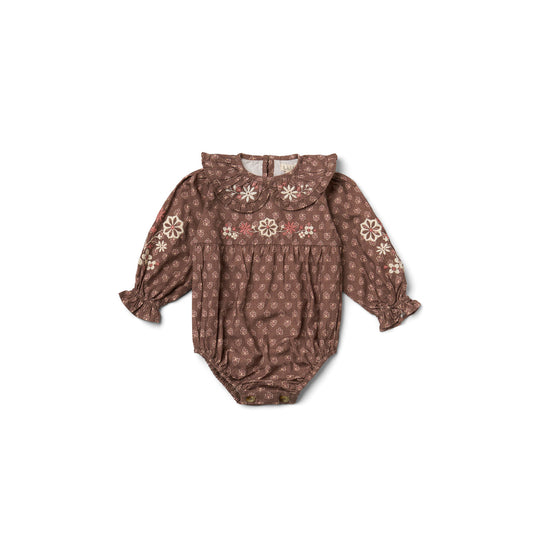 Little Belle Romper in Brown Block Print