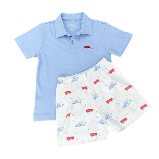 Puppy Dog Tails Knit Blue Polo with Wagon