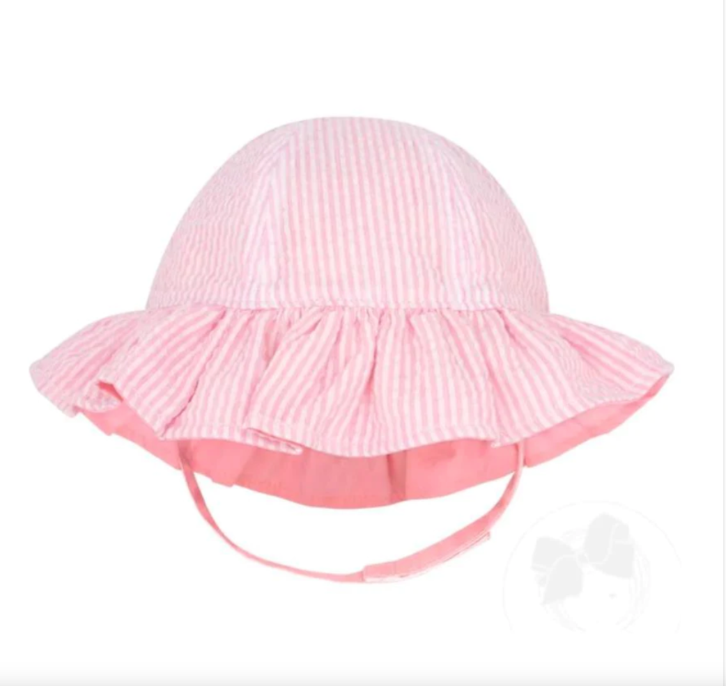Girl's Pink Seersucker Ruffle Brim Sun Hat