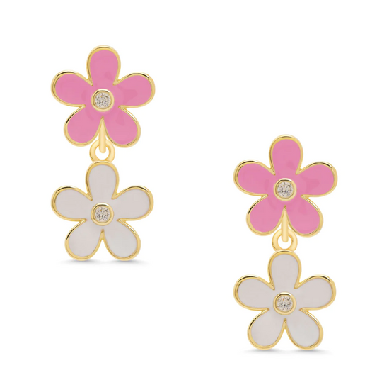 Double Flower CZ Dangle Earrings