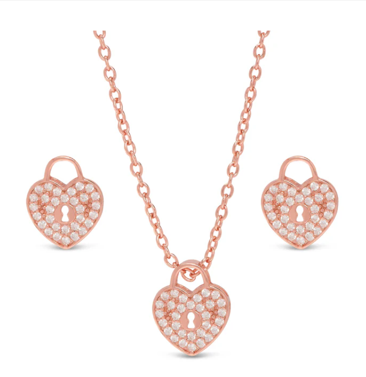 Rose Gold Plated Heart Lock Necklace & Earrings