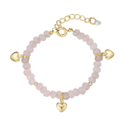 Rose Quartz Bead Bracelet With Heart Charms - Baby