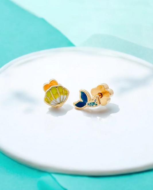 Mermaid Tail & Shell Tiny Stud Earrings