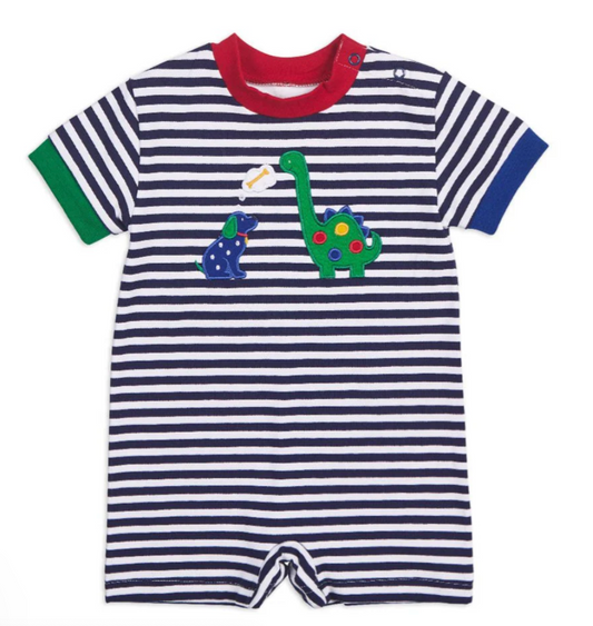 Stripe Knit Shortall with Dog and Dinosaur