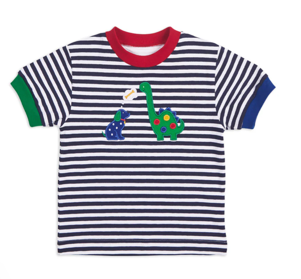 Stripe Knit T-Shirt with Dog and Dinosaur