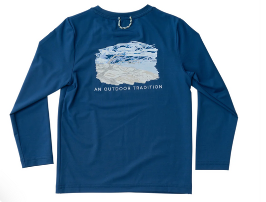 Kids Pro Performance Long Sleeve Fishing T-shirt in Set Sail Navy Beach Driftwood