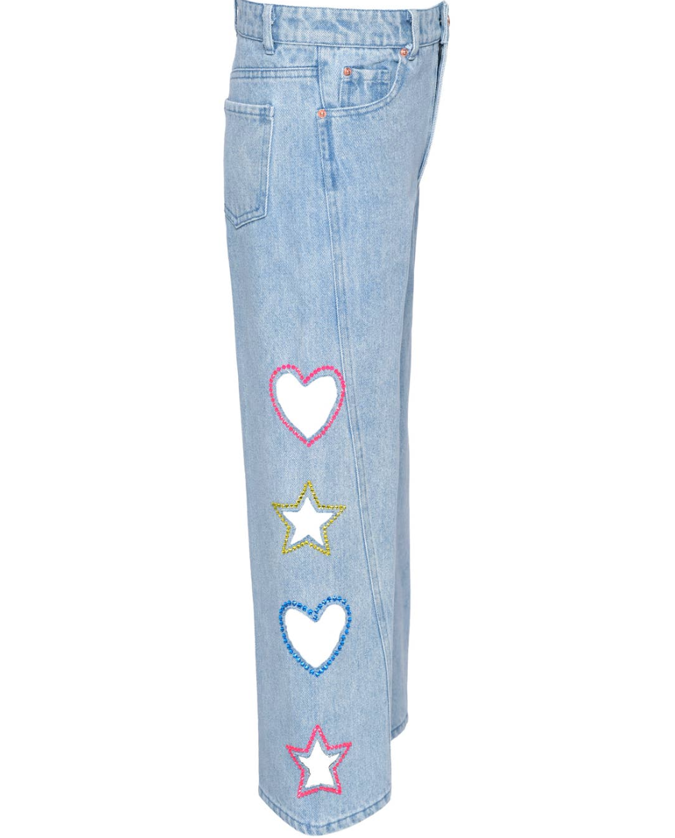 Wide Leg Heart and Rhinestone Flared Jean