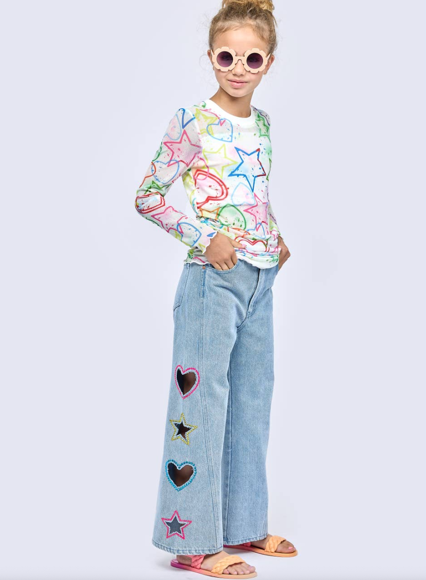 Wide Leg Heart and Rhinestone Flared Jean