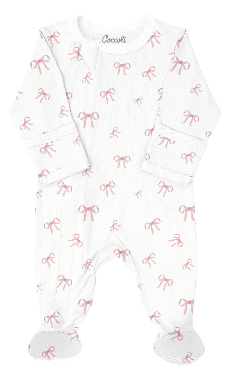 Bows On Cream Cotton-Modal Zipper Footie