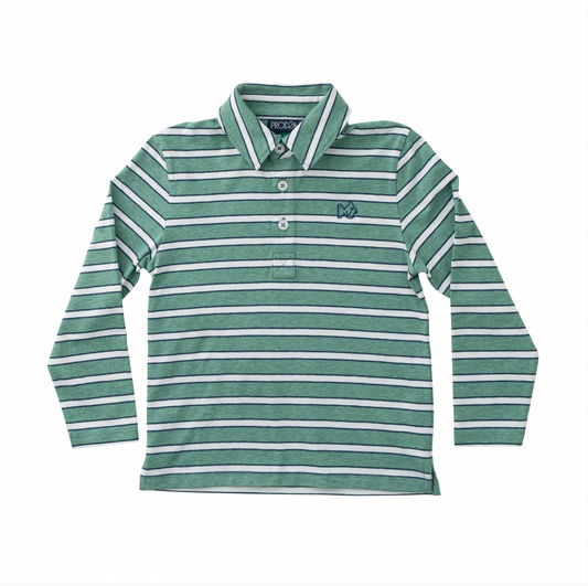 Boys Long Sleeve Too Cool for School Polo Frosty Spruce Dark Denim Stripe