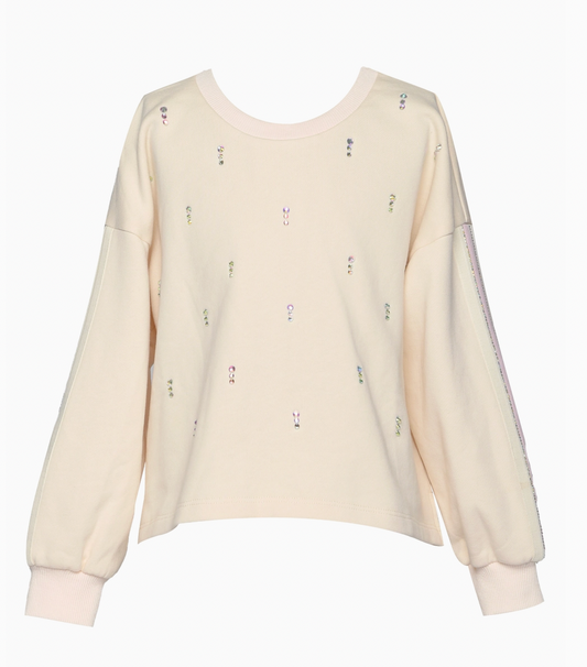 FRENCH TERRY SWEATSHIRT W/ RHINESTONE EMBELLISHMENTS