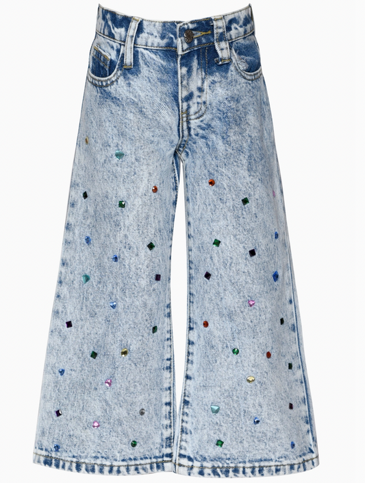ACID WASH DENIM PANTS W/ RHINESTONES