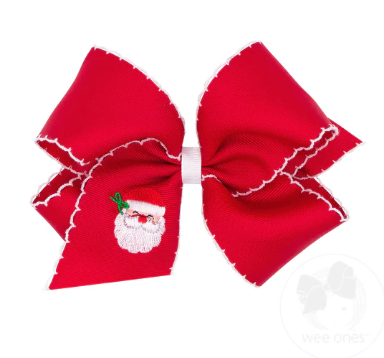 King Grosgrain Hair Bow with Moonstitch Edge and Christmas Embroidery