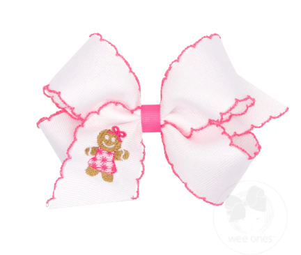 Medium Grosgrain Hair Bow with Moonstitch Edge and Pink Christmas Embroidery