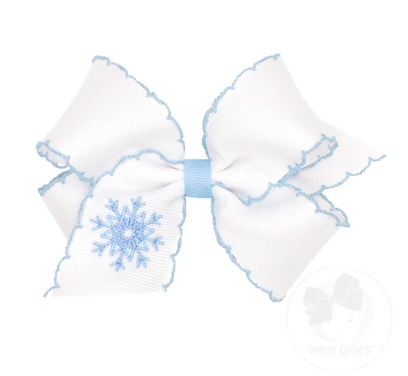 Medium Grosgrain Hair Bow with Moonstitch Edge and Pink Christmas Embroidery
