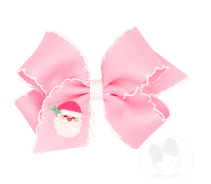 Medium Grosgrain Hair Bow with Moonstitch Edge and Pink Christmas Embroidery