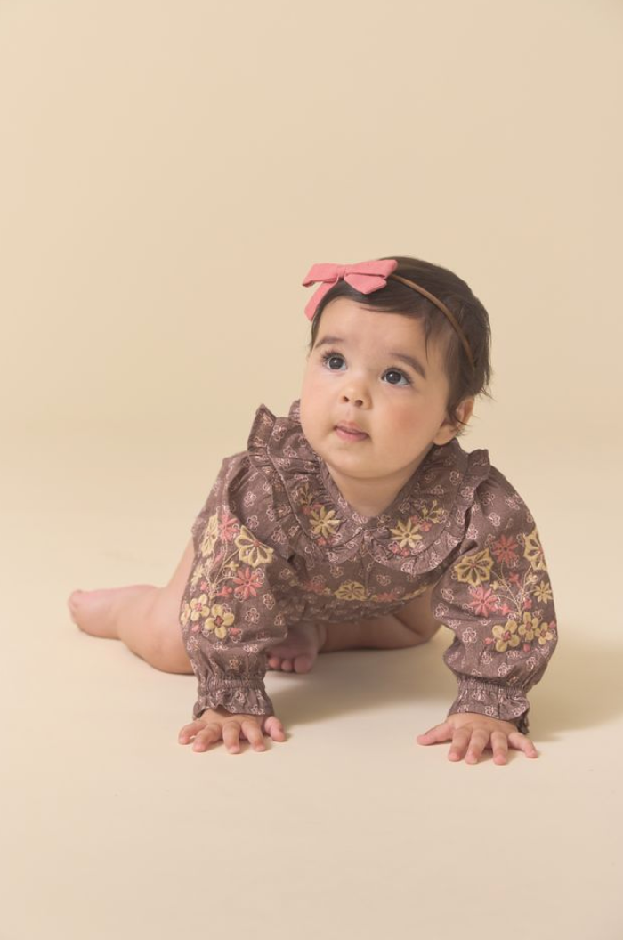 Little Belle Romper in Brown Block Print