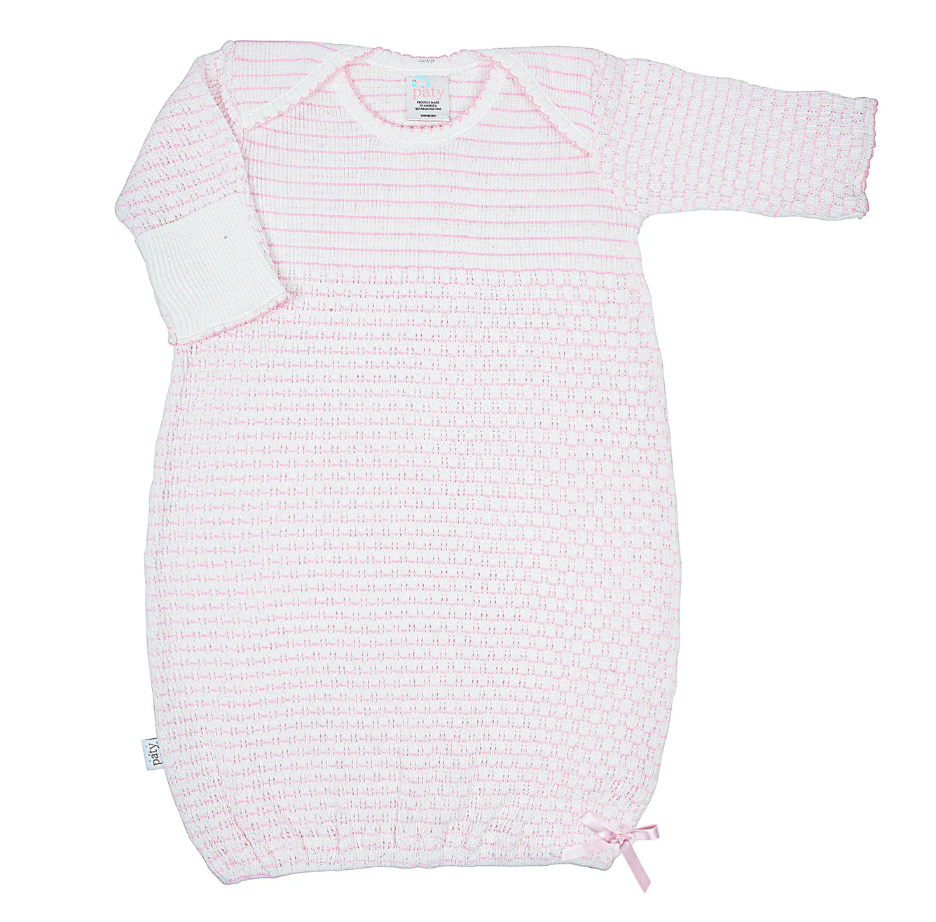 Overlap Shoulder Gown Pink Pinstripe with Pink Bow