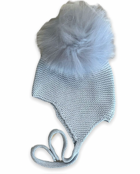 Fur Pom Tie Hat Light Blue