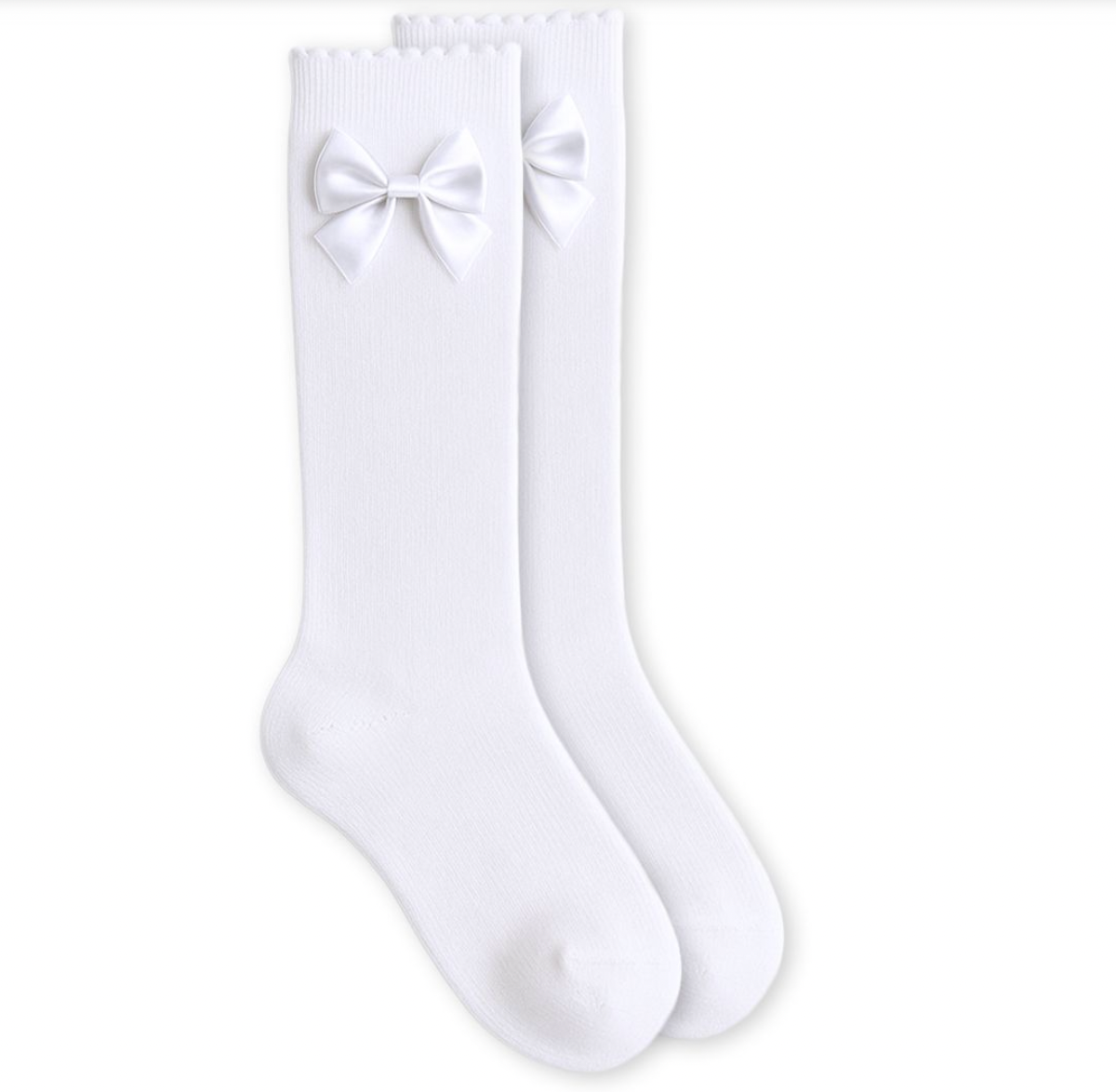 Satin Bow Scalloped Top Cotton Knee High Socks