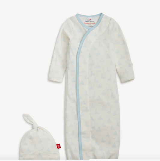 Blue Tiny Tides Organic Cotton Magnetic Gown and Hat Set