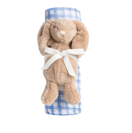 Blue Check Swaddle and Rattle