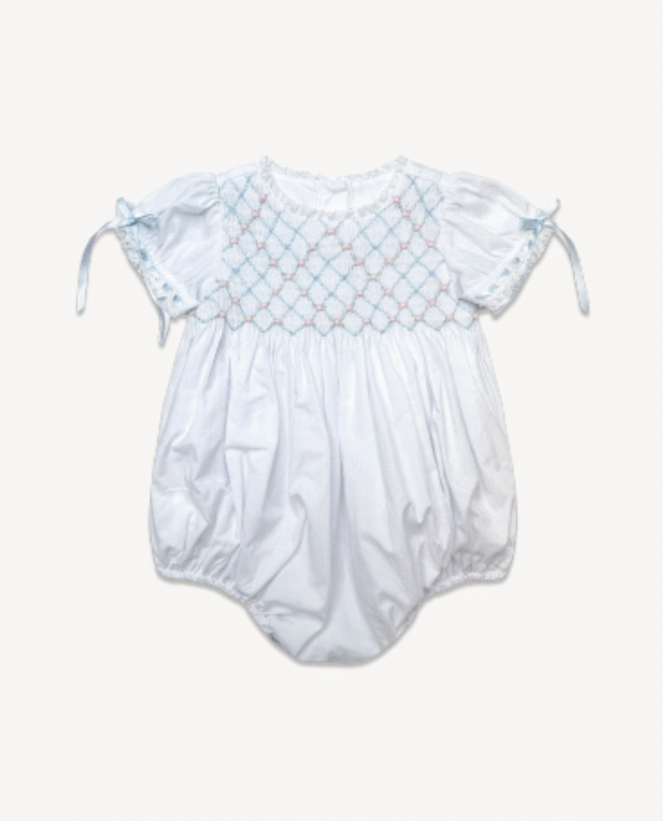 Heirloom Smocked Bubble - White Batiste w/ Pink & Blue