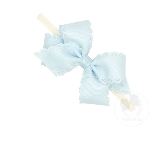 Small Grosgrain Hair Bow with Embossed Eyelet Edge on White Nylon Band