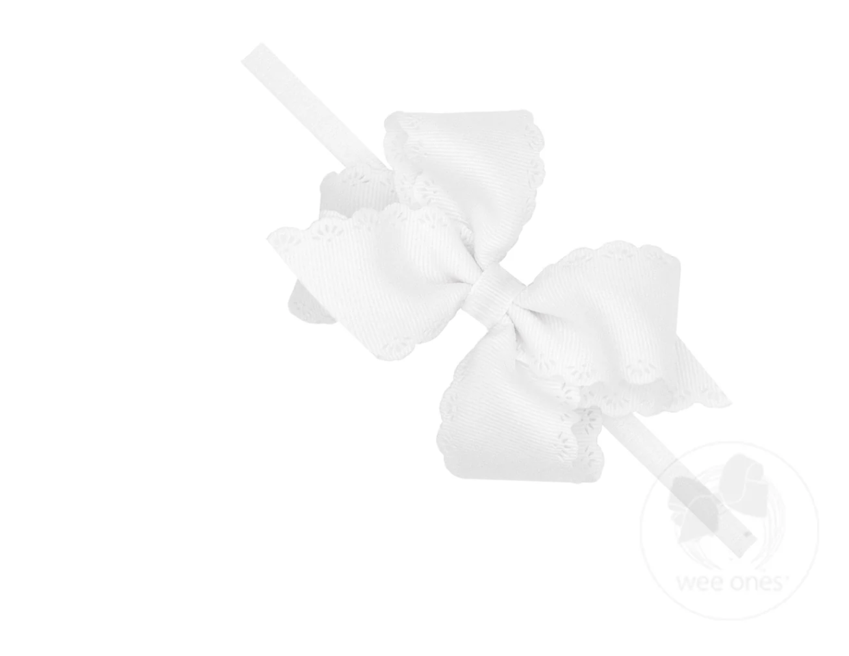 Small Grosgrain Hair Bow with Embossed Eyelet Edge on White Nylon Band