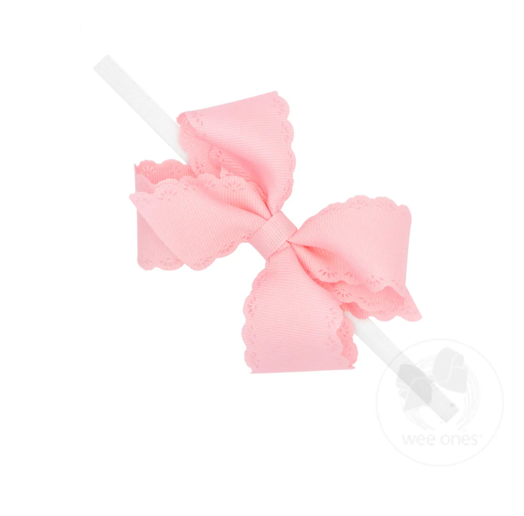 Small Grosgrain Hair Bow with Embossed Eyelet Edge on White Nylon Band