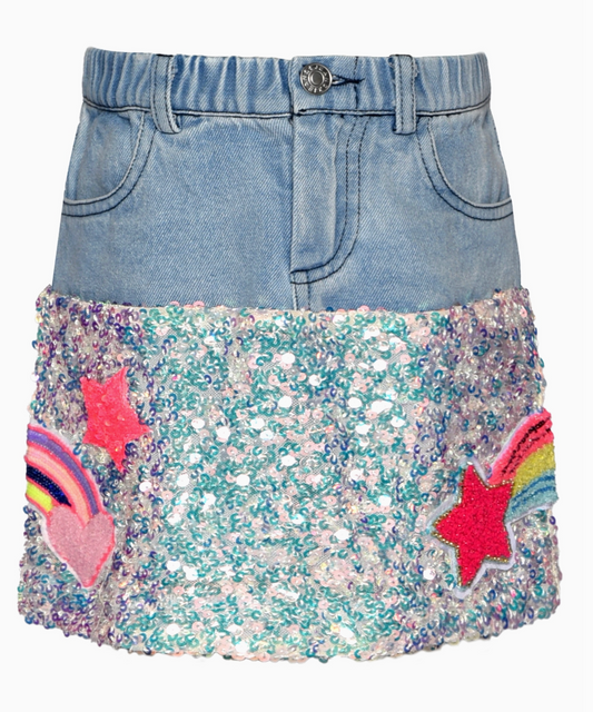 Denim and Sequin Mini Skirt with Patch Trims