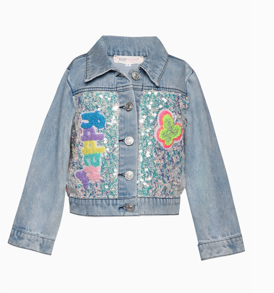 Denim and Sequin Jacket with Patch Trims