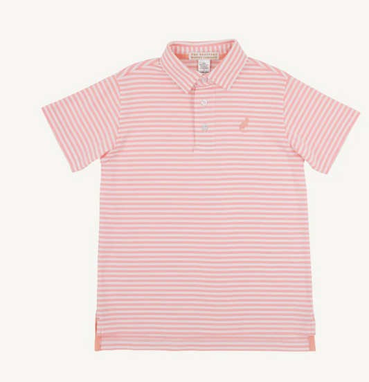 Prim & Proper Polo-Sanibel Island Stripe with Pompano Peach Stork