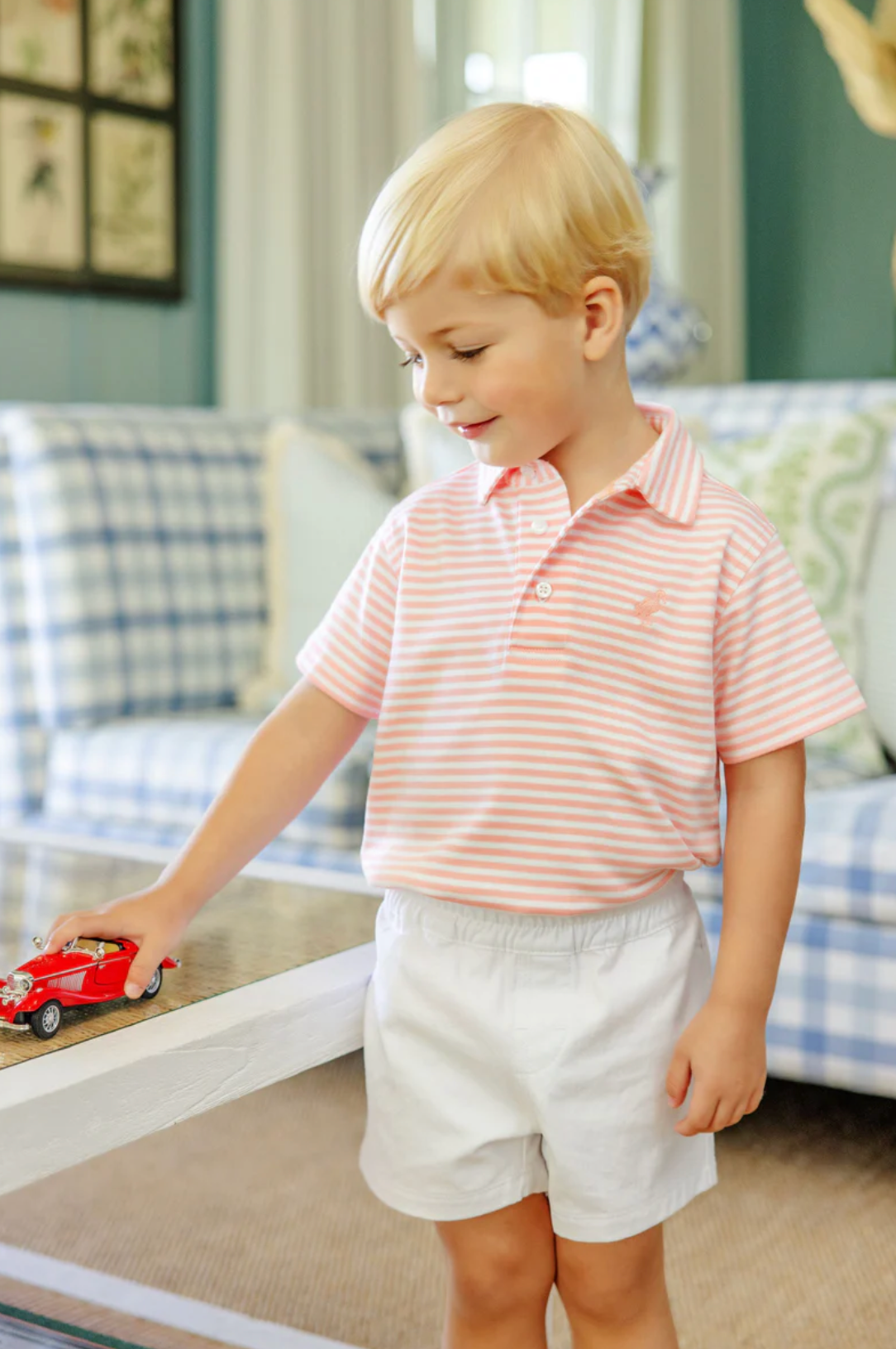 Prim & Proper Polo-Sanibel Island Stripe with Pompano Peach Stork