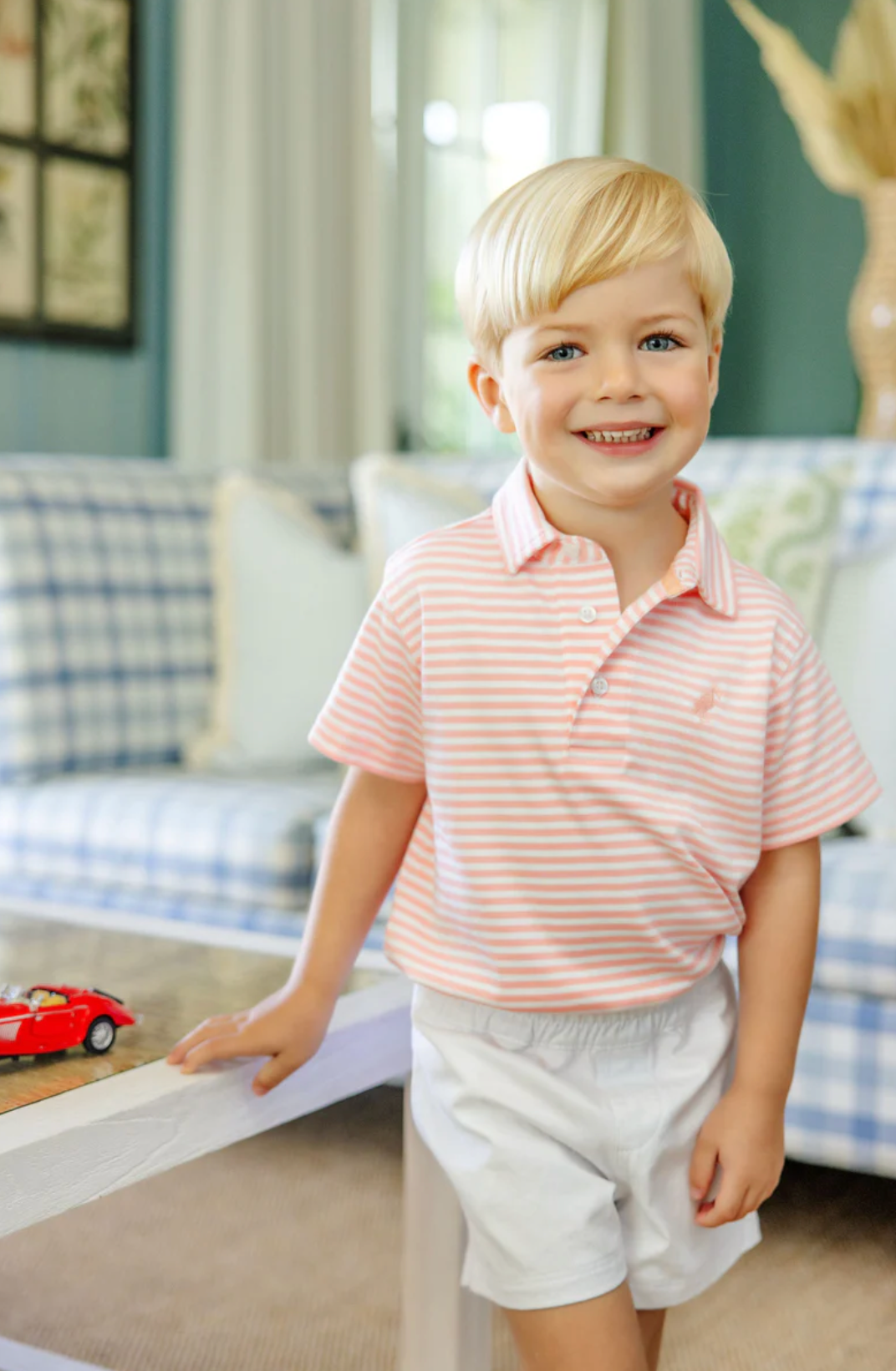 Prim & Proper Polo-Sanibel Island Stripe with Pompano Peach Stork
