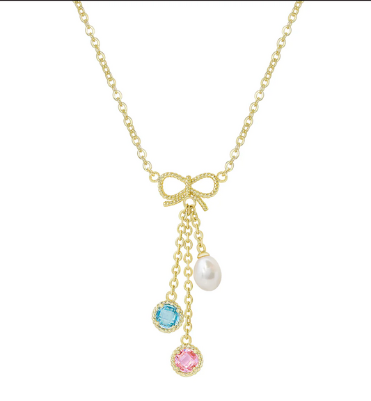 CZ and Pearl - Bow Charms Necklace