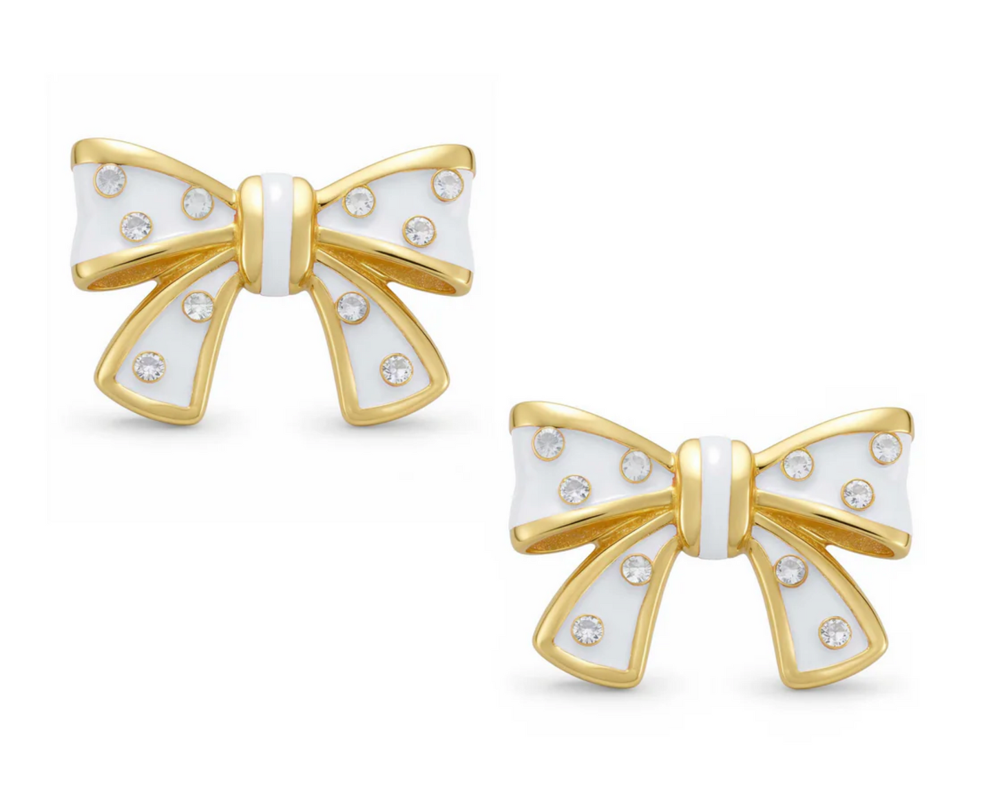 Bow Stud Earrings with Crystals (White)
