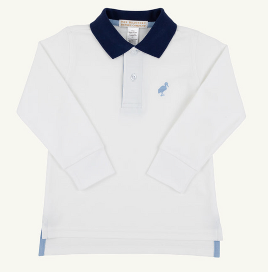 Prim and Proper Polo LS-Pima Worth Ave White/Nantucket Navy/Barrington Blue